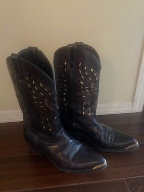 Rare Vintage Thunderbird Black Leather Western Cowboy Boots with Gold Stitching
